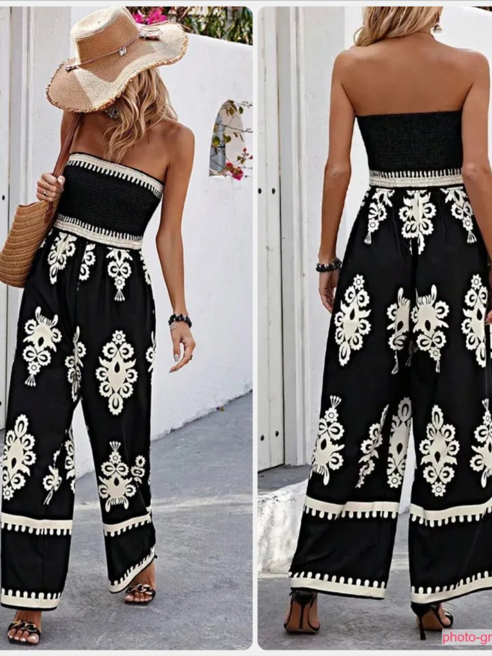 Boho Chic Jumpsuit Medium Black Cream Floral Strapless Wide Leg Shein
